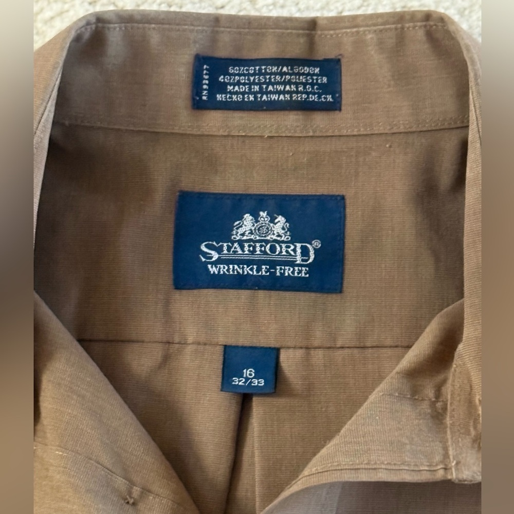 Men’s Stafford Wrinkle-Free Shirt Tan‎ Long-sleeve Size 16 32/33 - Picture 7 of 8